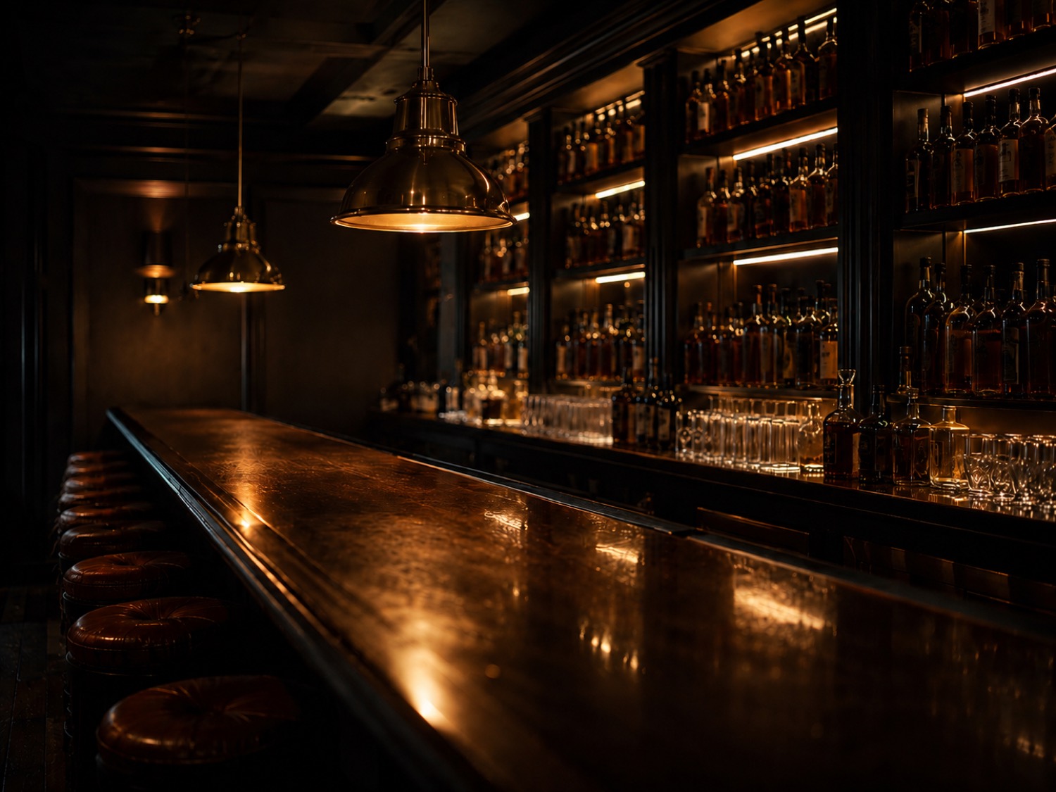 A premium back-bar at closing time, shelves of bottles glowing above an empty polished counter.
